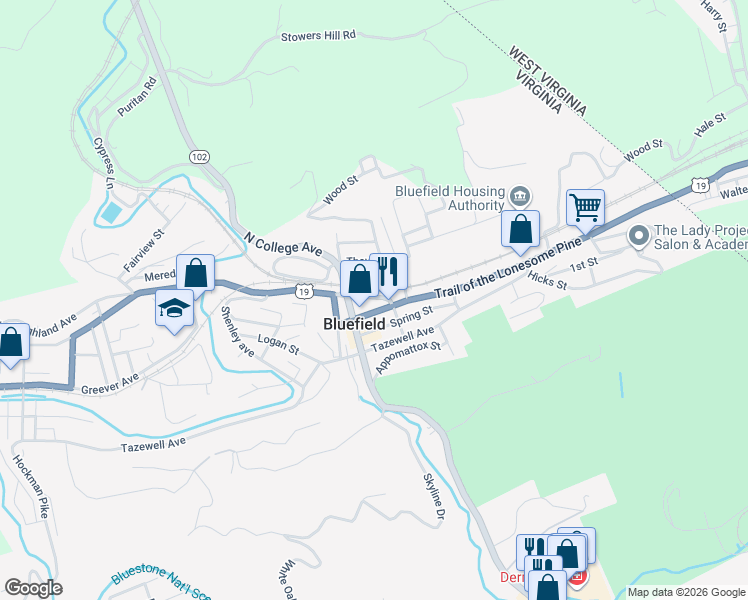 map of restaurants, bars, coffee shops, grocery stores, and more near 501 Graham Avenue in Bluefield