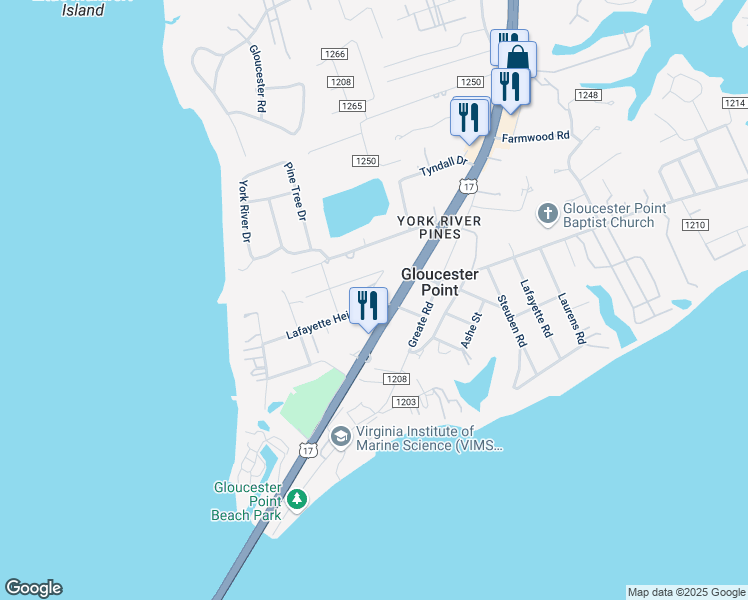 map of restaurants, bars, coffee shops, grocery stores, and more near 1494 Newmoor Drive in Gloucester Point