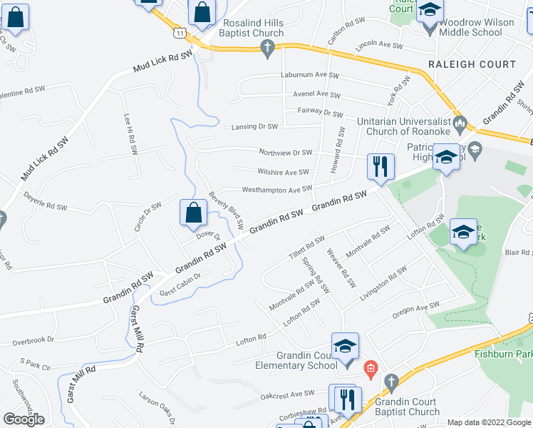 map of restaurants, bars, coffee shops, grocery stores, and more near 2715 Westhampton Avenue in Roanoke