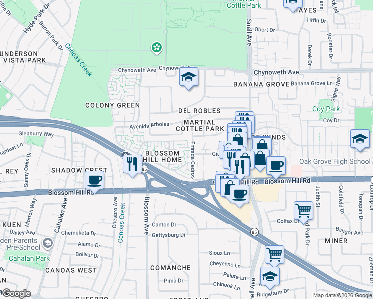 map of restaurants, bars, coffee shops, grocery stores, and more near 5475 Entrada Cedros in San Jose