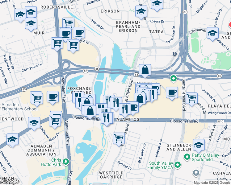 map of restaurants, bars, coffee shops, grocery stores, and more near 1009 Blossom River Way in San Jose