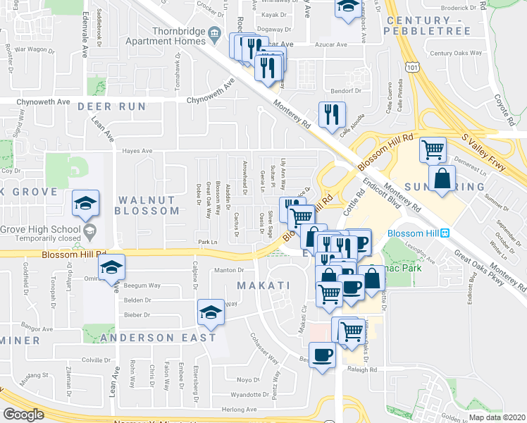 map of restaurants, bars, coffee shops, grocery stores, and more near 165 Blossom Hill Road in San Jose