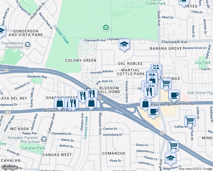 map of restaurants, bars, coffee shops, grocery stores, and more near 5504 Don Marcello Court in San Jose