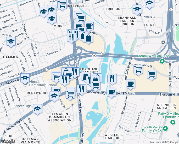 map of restaurants, bars, coffee shops, grocery stores, and more near 1181 Foxchase Drive in San Jose