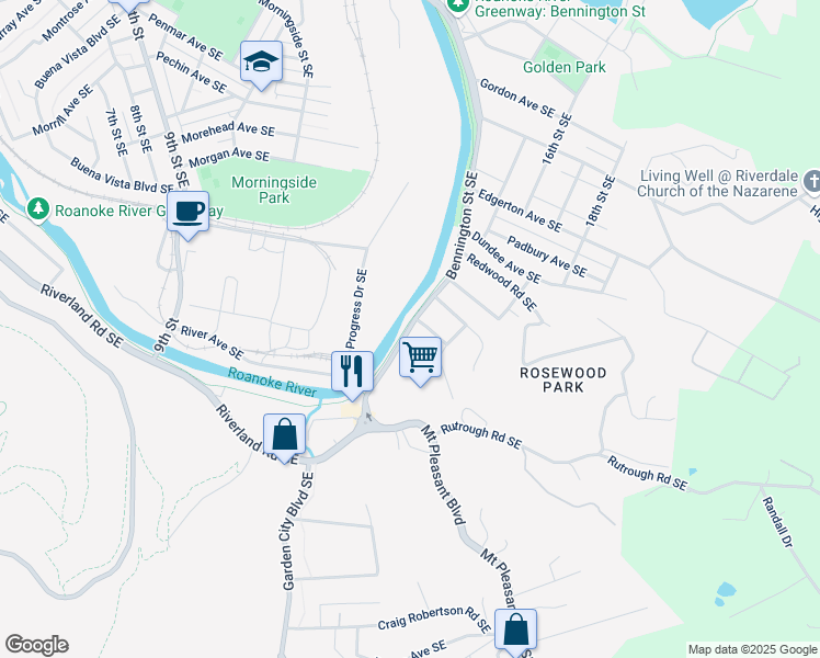 map of restaurants, bars, coffee shops, grocery stores, and more near 2110 Bennington Street Southeast in Roanoke