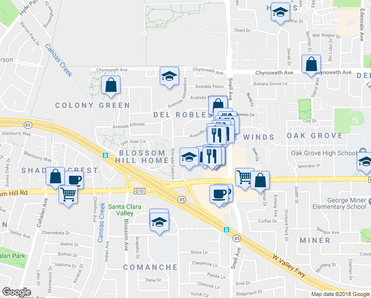 map of restaurants, bars, coffee shops, grocery stores, and more near 561 Giuffrida Avenue in San Jose