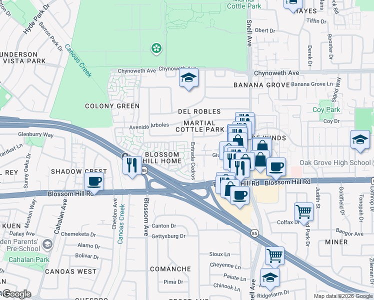 map of restaurants, bars, coffee shops, grocery stores, and more near 5475 Entrada Cedros in San Jose