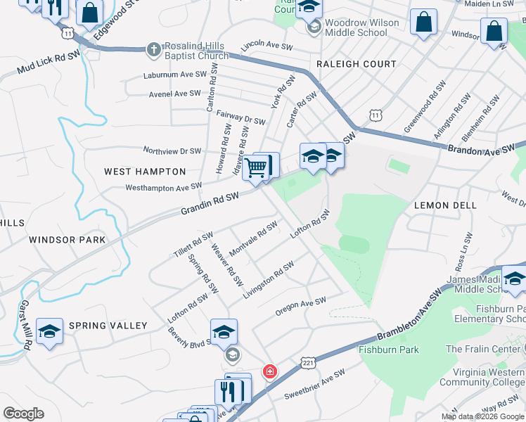 map of restaurants, bars, coffee shops, grocery stores, and more near 2424 Guilford Avenue Southwest in Roanoke