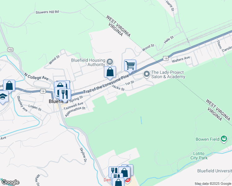 map of restaurants, bars, coffee shops, grocery stores, and more near 115 Hicks Street in Bluefield
