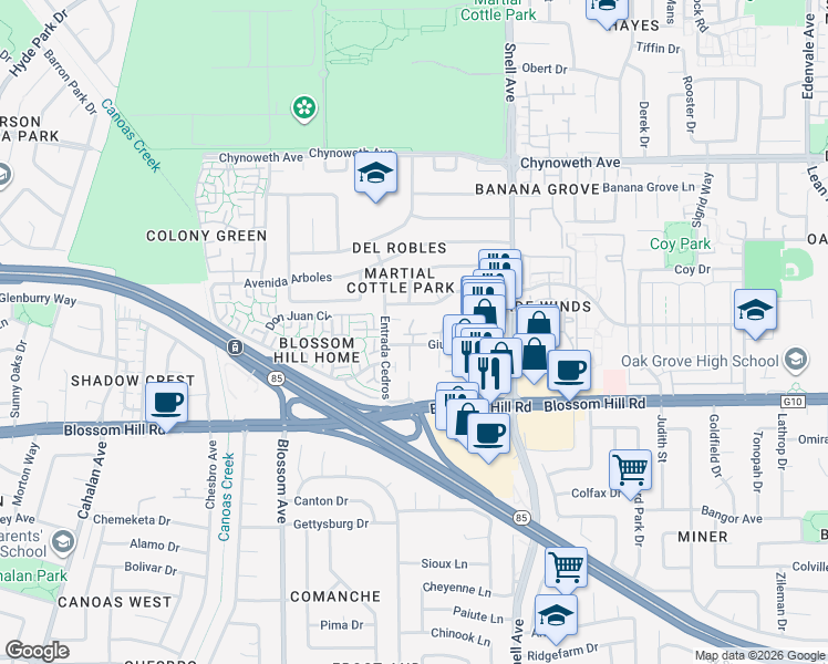 map of restaurants, bars, coffee shops, grocery stores, and more near 561 Giuffrida Avenue in San Jose