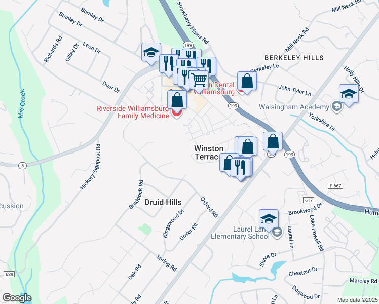 map of restaurants, bars, coffee shops, grocery stores, and more near 143 Winston Drive in Williamsburg