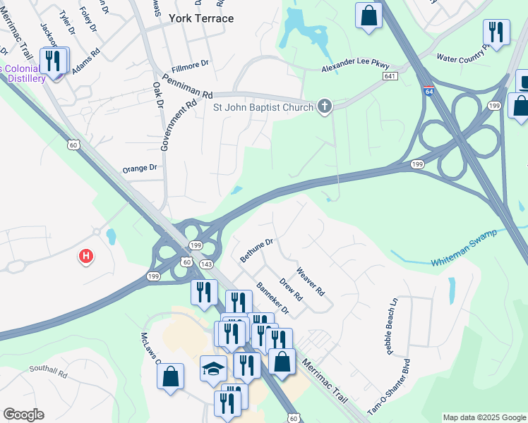 map of restaurants, bars, coffee shops, grocery stores, and more near 302 Luther Drive in Williamsburg