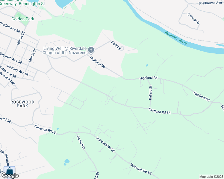 map of restaurants, bars, coffee shops, grocery stores, and more near 2418 Eastland Road Southeast in Roanoke