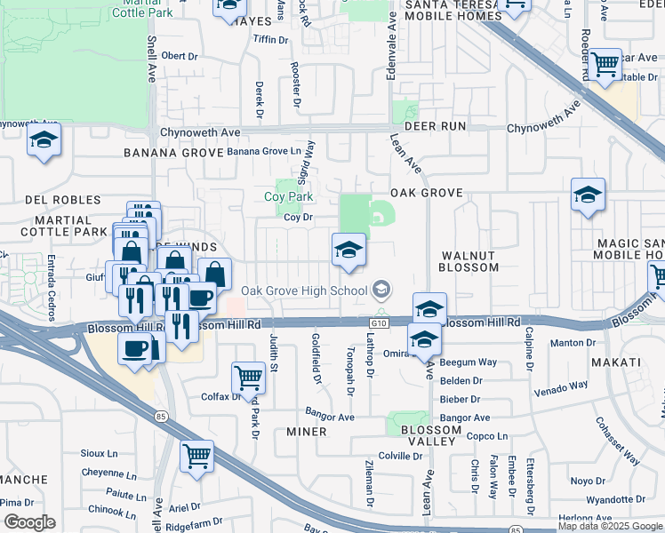 map of restaurants, bars, coffee shops, grocery stores, and more near 5503 Eagles Lane in San Jose