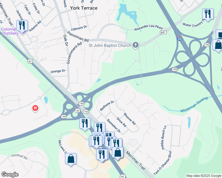 map of restaurants, bars, coffee shops, grocery stores, and more near 302 Luther Drive in Williamsburg