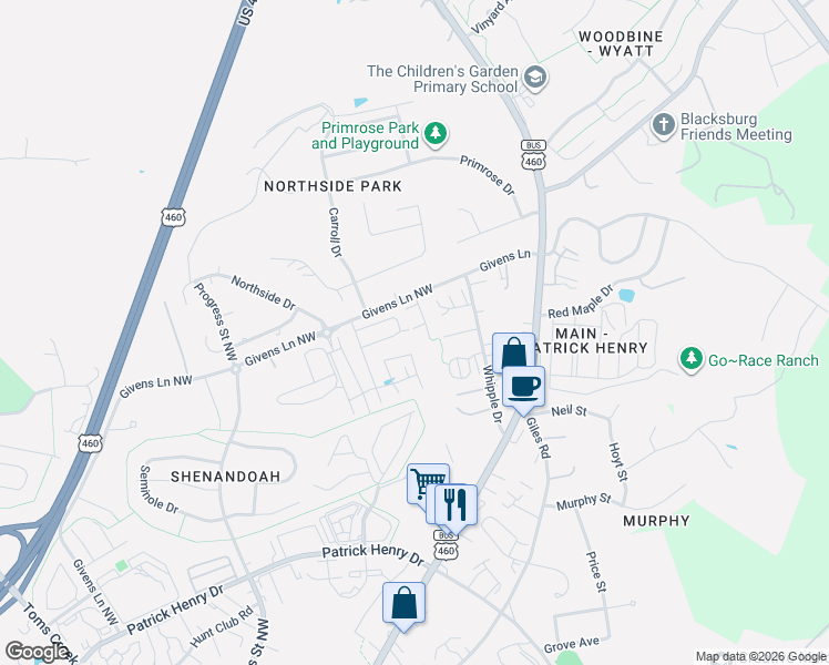 map of restaurants, bars, coffee shops, grocery stores, and more near 1712 Aden Lane in Blacksburg