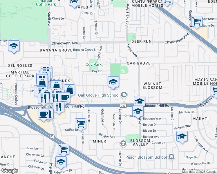 map of restaurants, bars, coffee shops, grocery stores, and more near 5503 Eagles Lane in San Jose