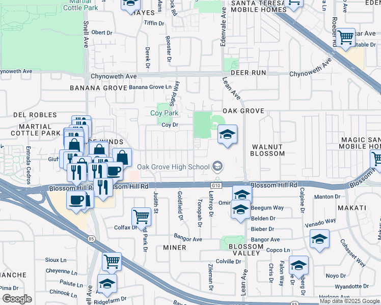 map of restaurants, bars, coffee shops, grocery stores, and more near 5503 Eagles Lane in San Jose