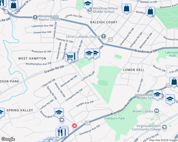 map of restaurants, bars, coffee shops, grocery stores, and more near 2202 Grandin Road Southwest in Roanoke