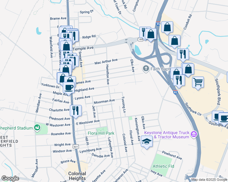 map of restaurants, bars, coffee shops, grocery stores, and more near 506 Lyons Avenue in Colonial Heights