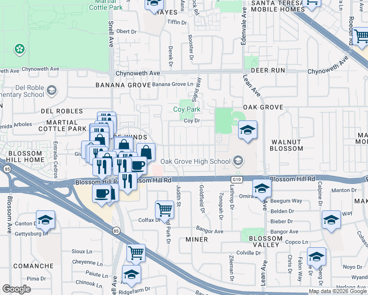 map of restaurants, bars, coffee shops, grocery stores, and more near 5491 Tyhurst Walkway in San Jose