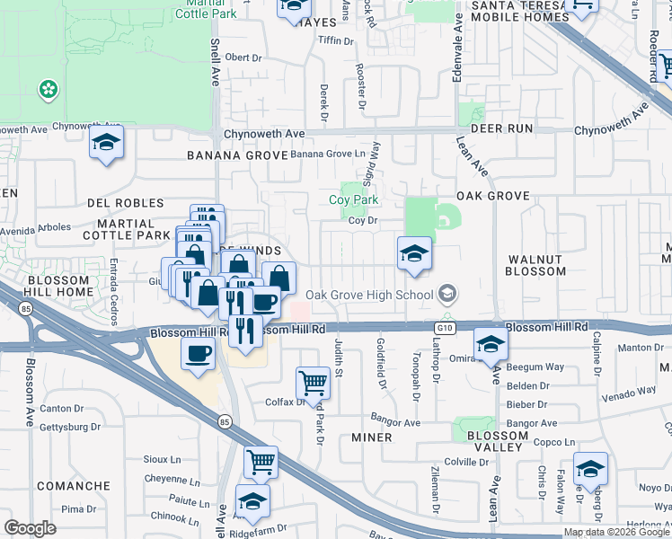 map of restaurants, bars, coffee shops, grocery stores, and more near 5496 Judith Street in San Jose
