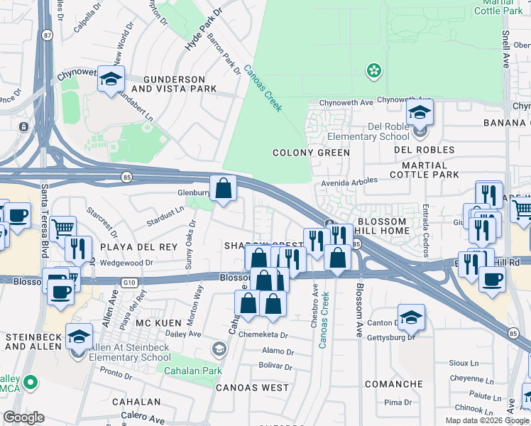 map of restaurants, bars, coffee shops, grocery stores, and more near 5452 Chesbro Avenue in San Jose