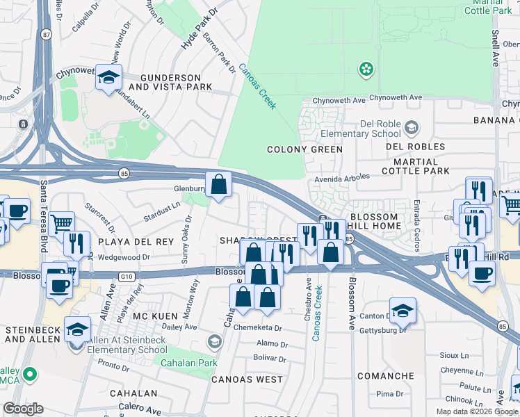 map of restaurants, bars, coffee shops, grocery stores, and more near 5452 Chesbro Avenue in San Jose