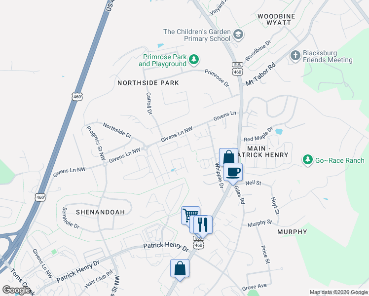 map of restaurants, bars, coffee shops, grocery stores, and more near 1712 Aden Lane in Blacksburg