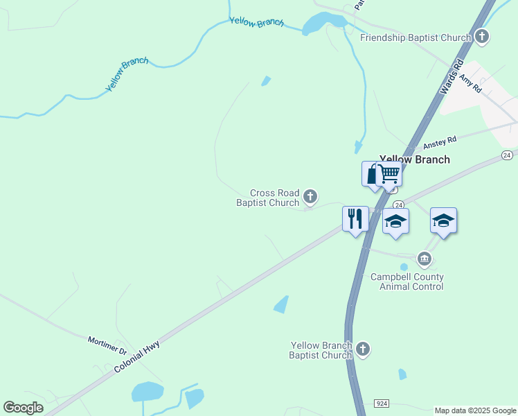 map of restaurants, bars, coffee shops, grocery stores, and more near 360 Cross Roads Lane in Evington