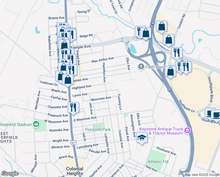 map of restaurants, bars, coffee shops, grocery stores, and more near 506 Lyons Avenue in Colonial Heights