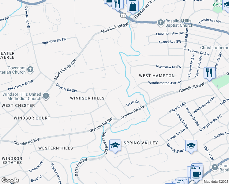 map of restaurants, bars, coffee shops, grocery stores, and more near 3123 Circle Drive Southwest in Roanoke