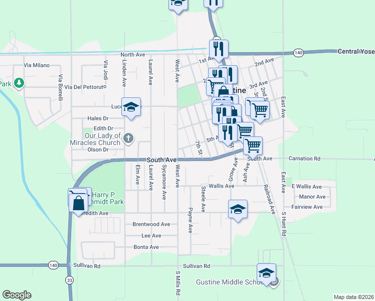 map of restaurants, bars, coffee shops, grocery stores, and more near 712 5th Avenue in Gustine