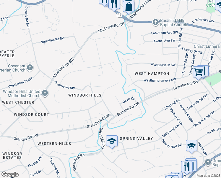 map of restaurants, bars, coffee shops, grocery stores, and more near 3123 Circle Drive Southwest in Roanoke