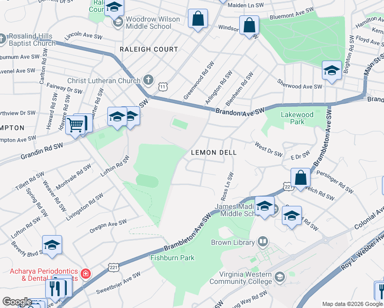 map of restaurants, bars, coffee shops, grocery stores, and more near 2222 Blenheim Road Southwest in Roanoke