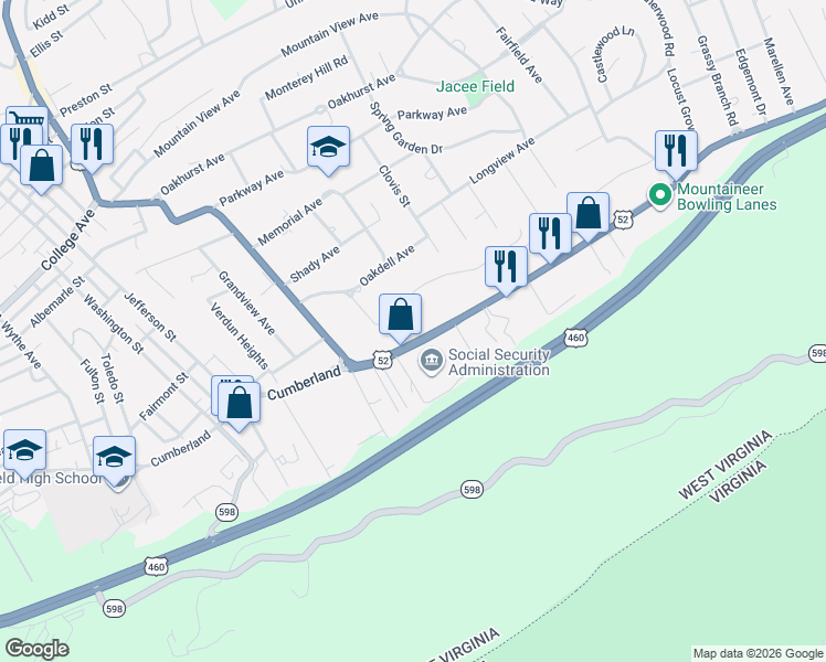 map of restaurants, bars, coffee shops, grocery stores, and more near 220 Ridgecrest Rd in Bluefield
