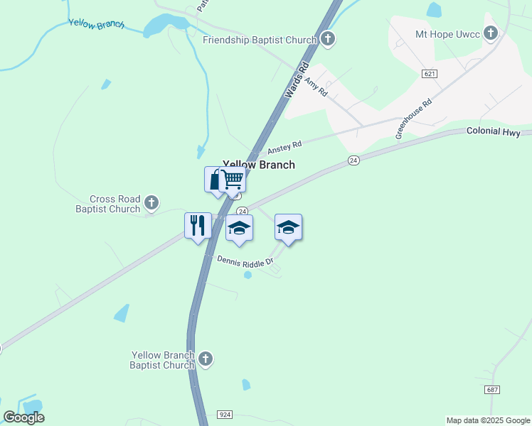 map of restaurants, bars, coffee shops, grocery stores, and more near 377 Dennis Riddle Drive in Rustburg