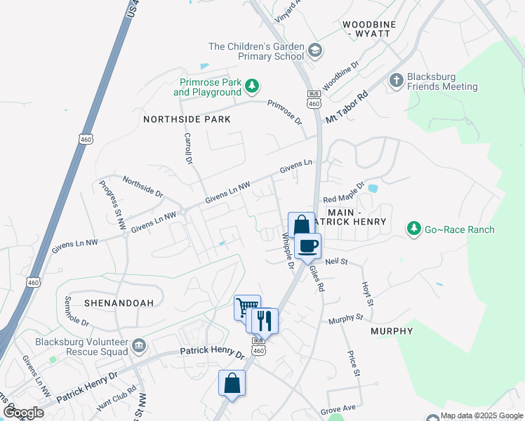 map of restaurants, bars, coffee shops, grocery stores, and more near 1711 Whipple Drive in Blacksburg