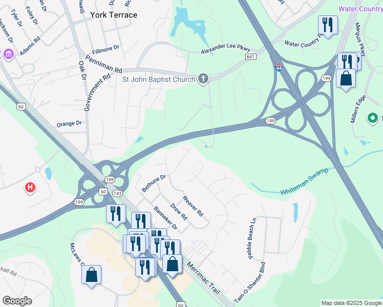 map of restaurants, bars, coffee shops, grocery stores, and more near 223 Bethune Drive in Williamsburg