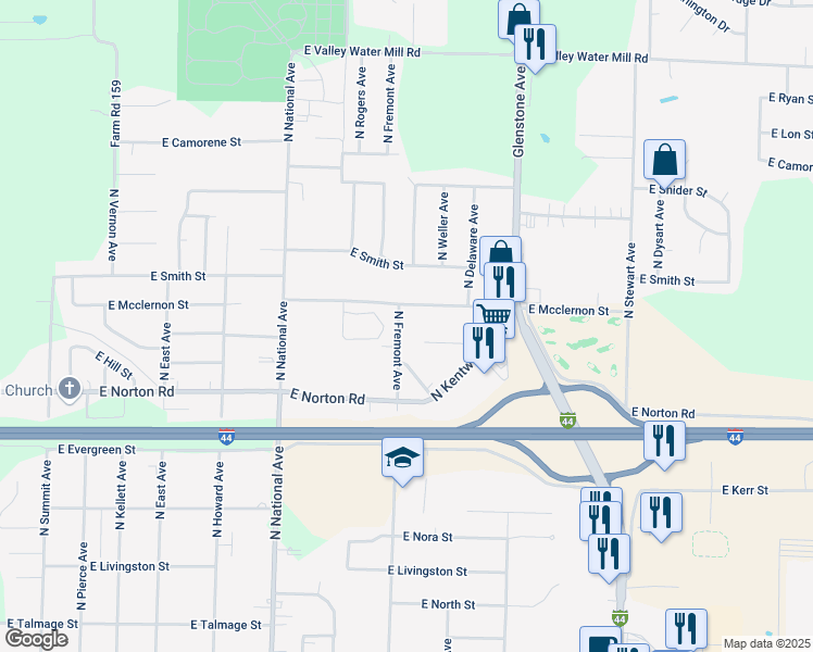 map of restaurants, bars, coffee shops, grocery stores, and more near 1356 East Mcclernon Street in Springfield