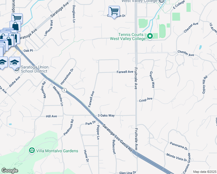 map of restaurants, bars, coffee shops, grocery stores, and more near 14725 Live Oak Lane in Saratoga