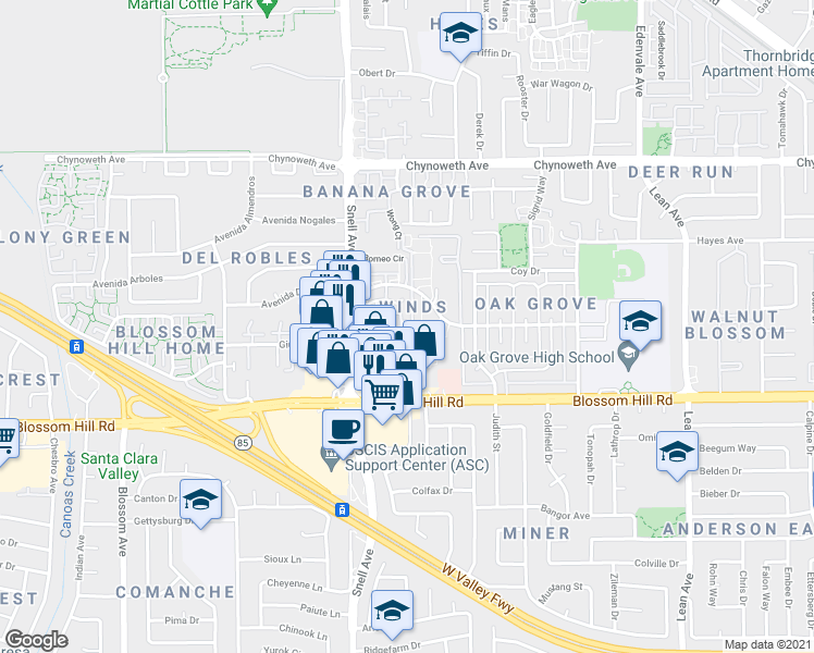 map of restaurants, bars, coffee shops, grocery stores, and more near 5482 Sean Circle in San Jose
