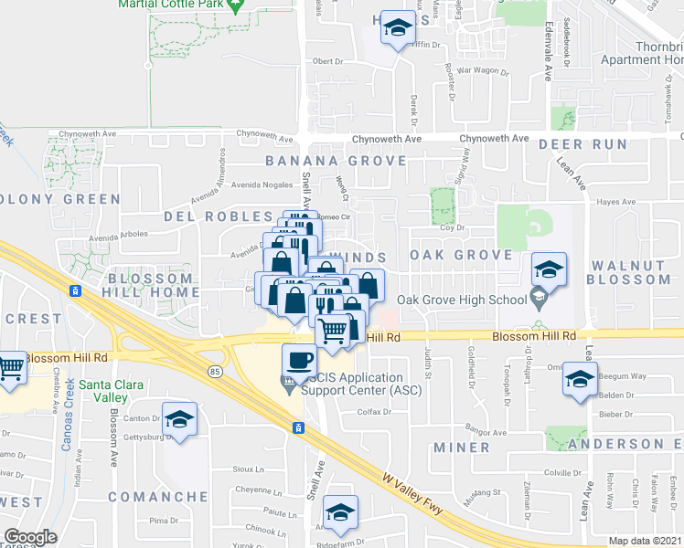 map of restaurants, bars, coffee shops, grocery stores, and more near 5482 Sean Circle in San Jose