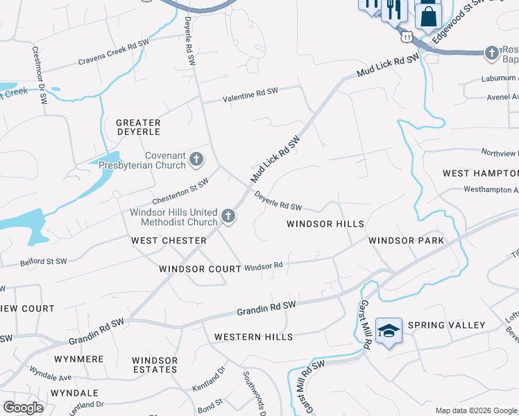 map of restaurants, bars, coffee shops, grocery stores, and more near 2104 Deyerle Road Southwest in Roanoke