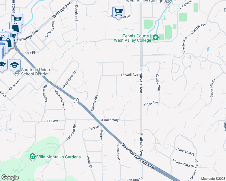 map of restaurants, bars, coffee shops, grocery stores, and more near 14725 Live Oak Lane in Saratoga
