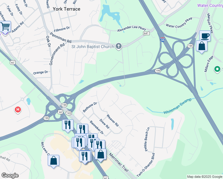 map of restaurants, bars, coffee shops, grocery stores, and more near 223 Bethune Drive in Williamsburg