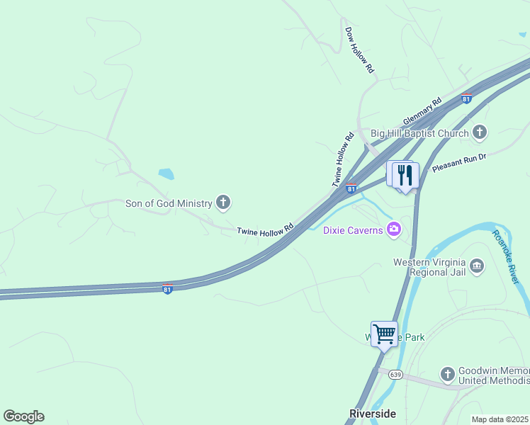 map of restaurants, bars, coffee shops, grocery stores, and more near 5983 Twine Hollow Road in Salem