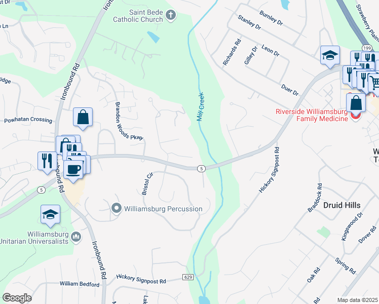 map of restaurants, bars, coffee shops, grocery stores, and more near 4705 Lady Slipper Path in Williamsburg
