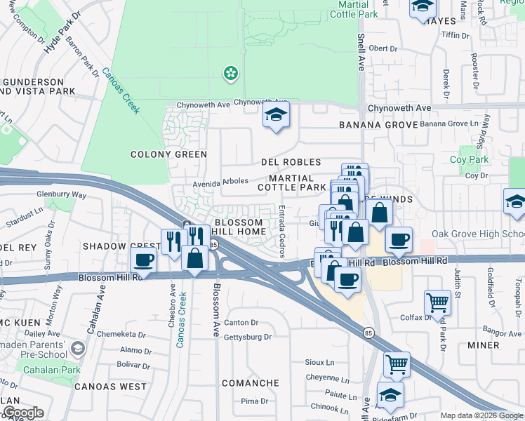 map of restaurants, bars, coffee shops, grocery stores, and more near 397 Don Basillo Way in San Jose
