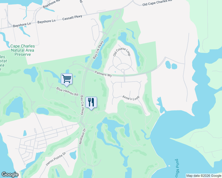 map of restaurants, bars, coffee shops, grocery stores, and more near 202 Arnies Loop in Cape Charles